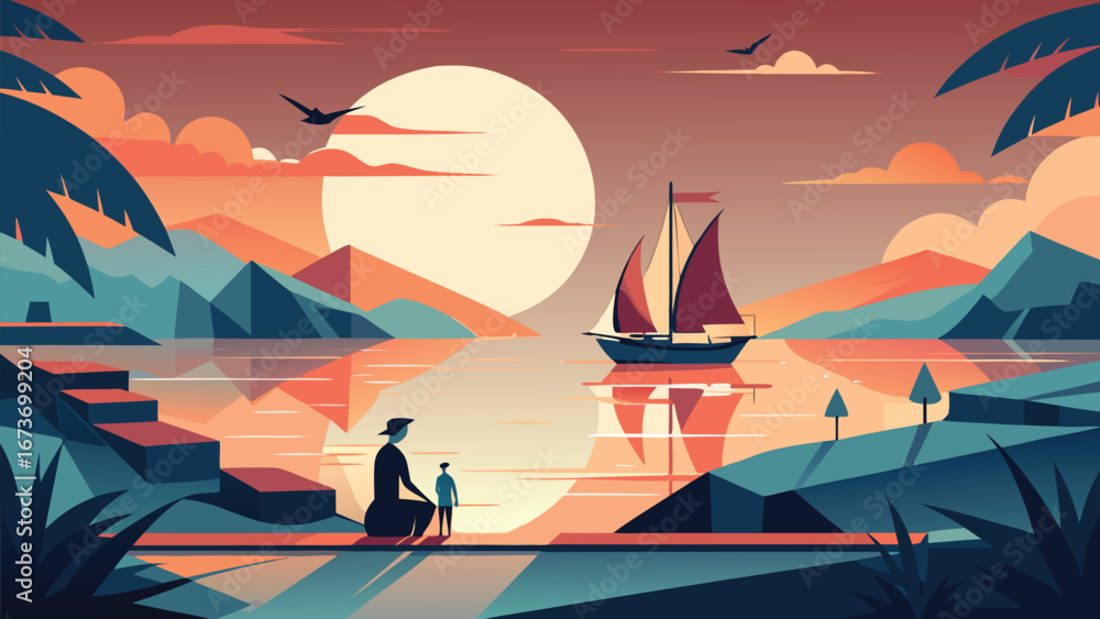 Poster an artwork showing two individuals in a boat, with a ship visible behind them on the water..eps