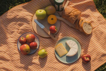 Picnic spread with apples cheese bread and a bottle on a striped blanket outdoors food summer