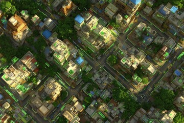 High-angle city view, stylized buildings, green trees
