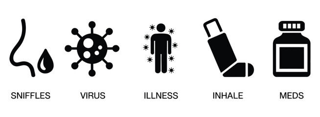 Black health icon set featuring sniffles, virus, illness, inhaler, and medicine bottle—ideal for respiratory care and medical visuals