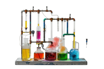 Colorful laboratory experiment showcasing chemical reactions in beakers and glassware at a creative workspace isolated on transparent background