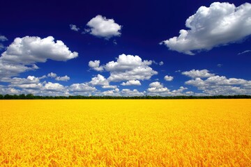Vast golden field under a vibrant blue sky with fluffy white clouds