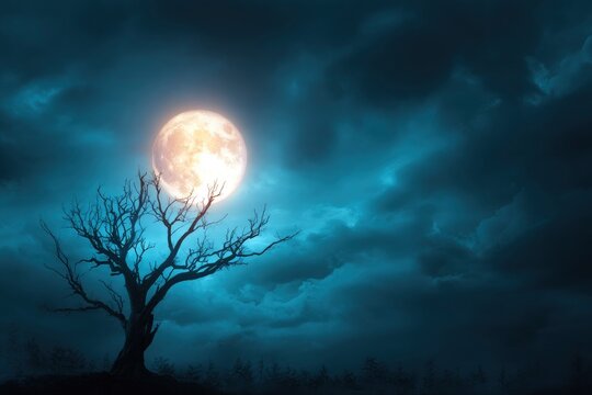Glowing full moon over a leafless tree  misty ground against a dark clouded sky