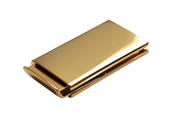 A polished gold paper clip rests elegantly on a clean white background, showcasing its sleek design in minimalist style isolated on transparent background