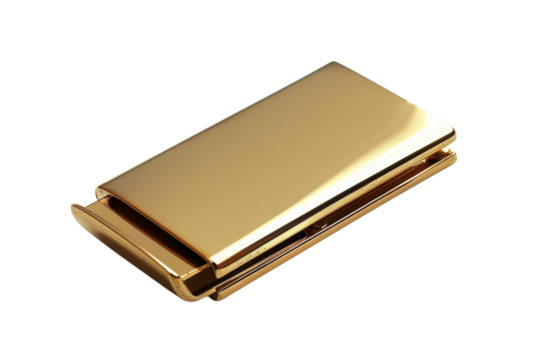 A polished gold paper clip rests elegantly on a clean white background, showcasing its sleek design in minimalist style isolated on transparent background