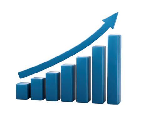 Blue 3D bar chart with upward arrow financial growth business success profit increase positive trend economic progress and modern design isolated on transparency background