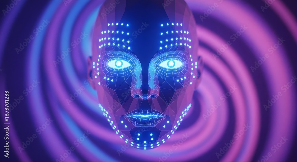 Poster abstract digital rendering of a humanoid face with a futuristic design.
