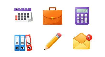 Calendar briefcase calculator binders pencil envelope with notification isolated on a transparent background