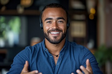 Fototapeta premium Portrait of young smiling man in a blue shirt and with a beard, wearing a headset, sitting in the office in front of the camera and having a video call, gesticulating with his hands, Generative AI