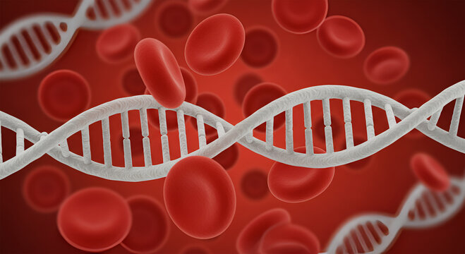 Illustration of red blood cells and DNA strands against a red background, representing biology and genetics.