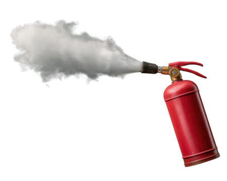 Red fire extinguisher spraying water with force, emergency safety equipment, isolated on transparent background, useful for firefighting, protection, and hazard prevention