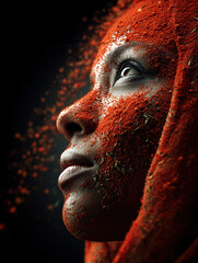 Expressive Portrait of a Woman Embraced by Vibrant Red Powder