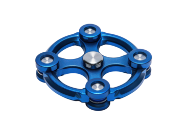 A sleek blue fidget spinner rotating on a white surface, capturing attention with its vibrant color and smooth design isolated on transparent background