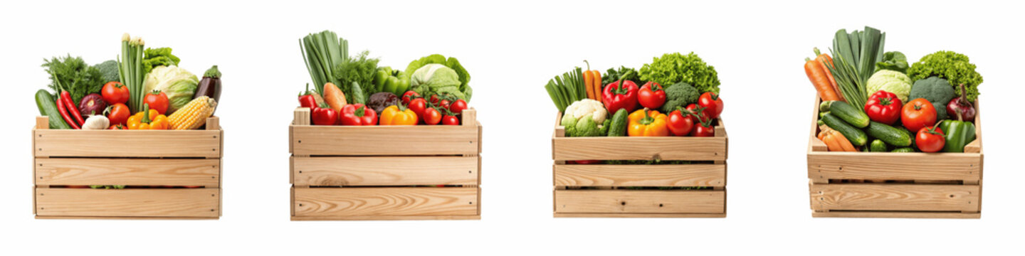 set for Fresh vegetables in wooden crates isolated on transparent background