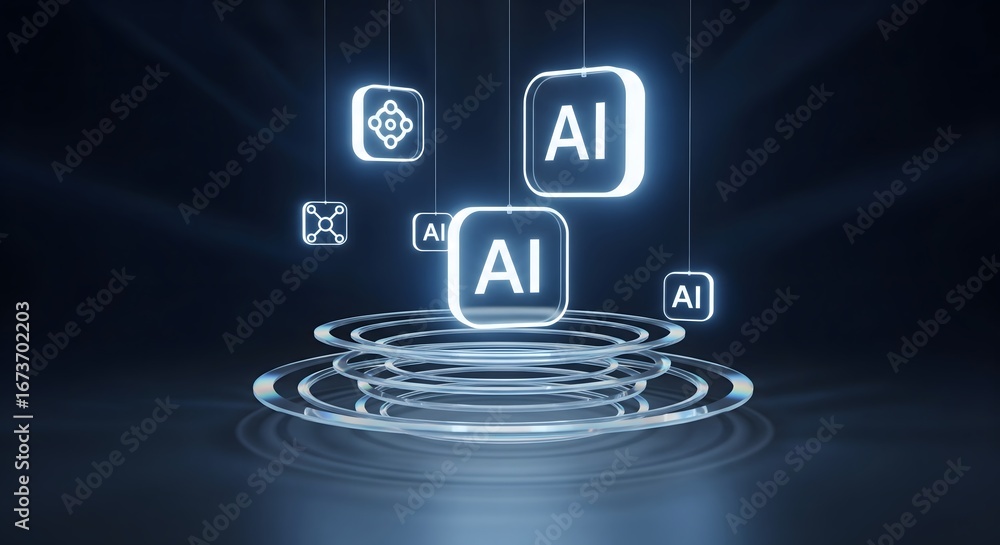 Poster abstract 3d render of artificial intelligence glowing icons.