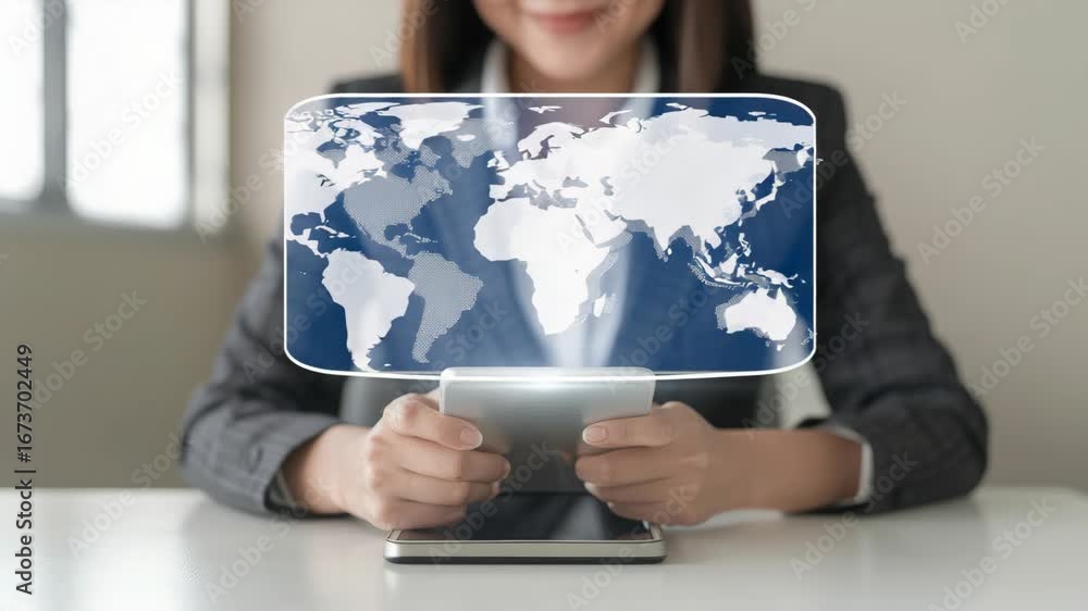 Poster a professional individual engages with digital tools that display a world map, illustrating global c