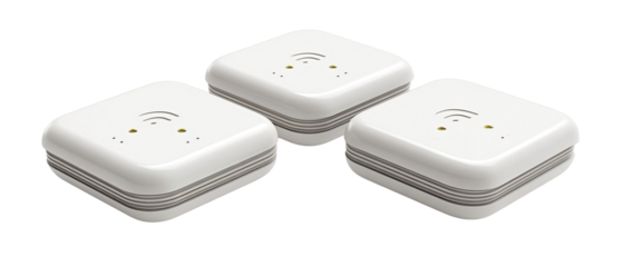 Three small, square, white wireless network devices
