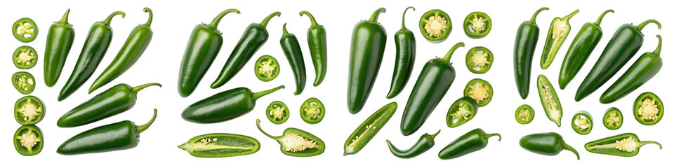 set for Several fresh green jalapeno peppers isolated on transparent background
