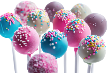 Delightful assortment of colorful cake pops with sprinkles set against a bright background, perfect for celebrations and sweet cravings isolated on transparent background