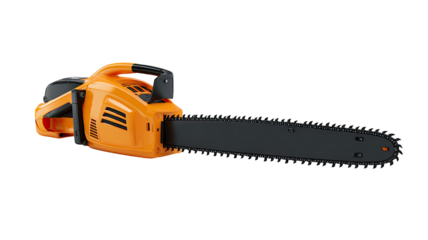 Orange chainsaw, angled view