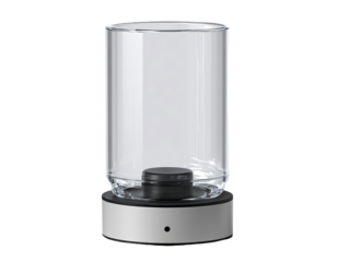 A clear glass cylindrical lamp on a matte gray base.  The glass is transparent, showcasing a dark gray circular base