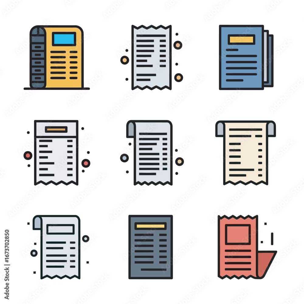 Poster receipt icons display data information in minimalist style vector set