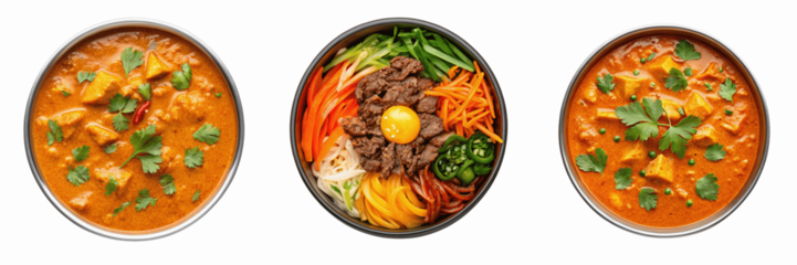 set for Bowls of curry and bibimbap isolated on transparent background