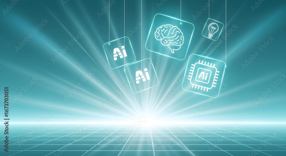 Poster artificial intelligence icons and symbols representing machine learning concepts.