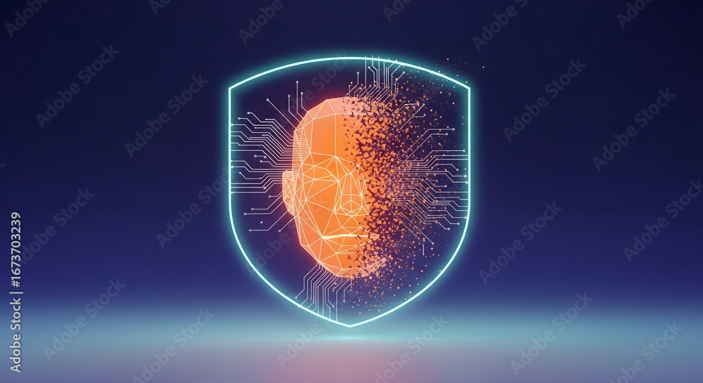 Poster abstract digital shield representing cybersecurity and data protection.