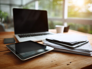 Modern Workspace With Laptop, Tablet, and Documents on Wooden Desk