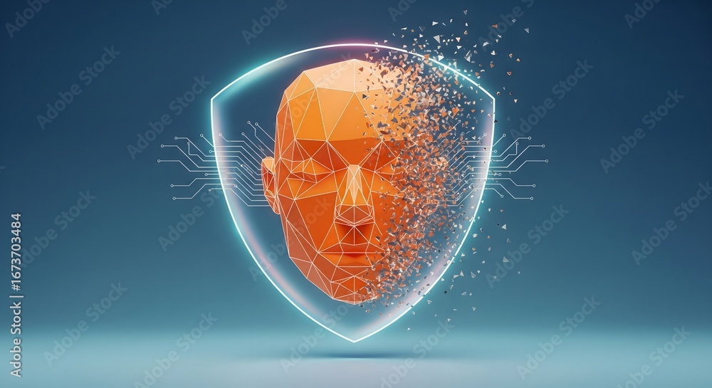 Poster abstract technology shield protects artificial intelligence in a digital space.