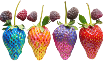 Colorful and vibrant strawberries adorned with artistic glazes and accompanied by raspberries on a bright background isolated on transparent background