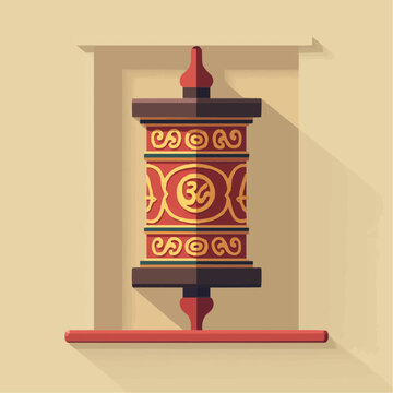 Tibetan prayer wheel with Om mani padme hum mantra on solid color background  