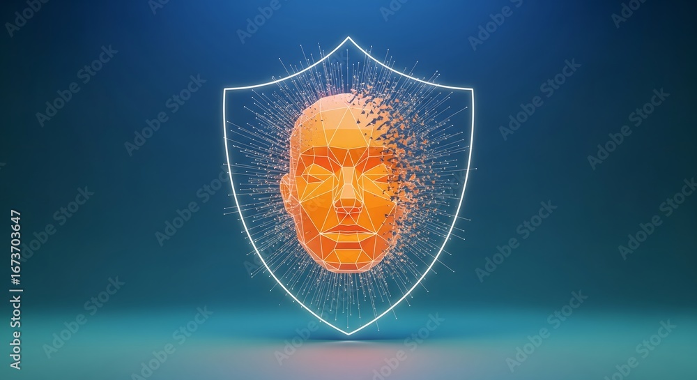 Poster abstract digital face disintegrates behind a security shield, signifying data protection.