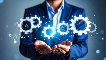 Businessperson presenting glowing gears and financial chart in digital interface.