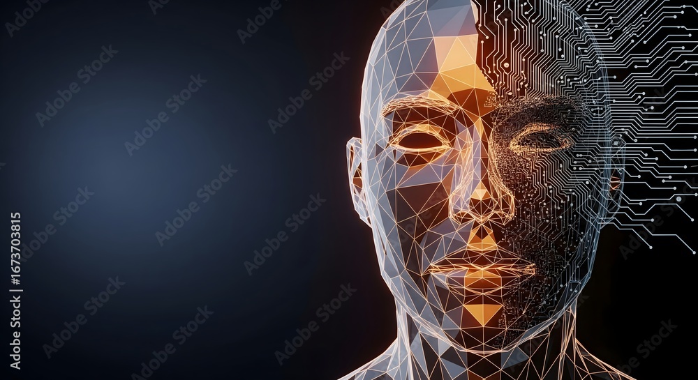 Poster abstract ai face with circuit board design concept.