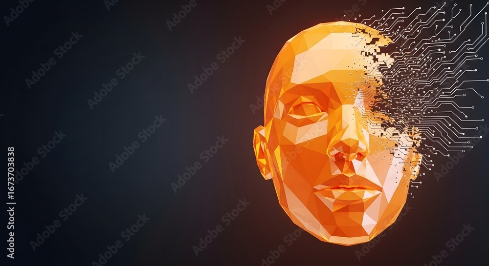 Poster abstract artificial intelligence illustration with a geometric human face and circuit patterns.