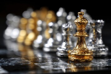 Gold chess bishop stands out on a marble board with silver  gold chess pieces blurred in the background