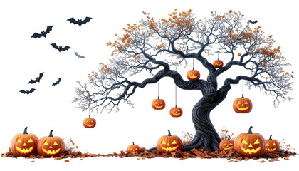 Spooky Halloween scene featuring a bare twisted tree with eerie atmosphere isolated on white background