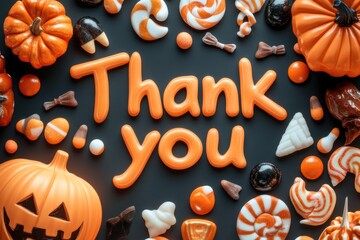 Festive halloween candy arrangement with pumpkins and thank you message
