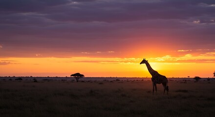 African sunset with giraffe silhouette in the savanna.
