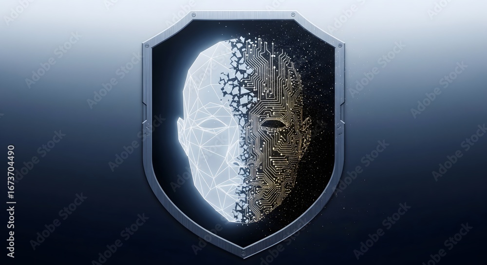 Poster shield representing cybersecurity with abstract digital face and circuits.