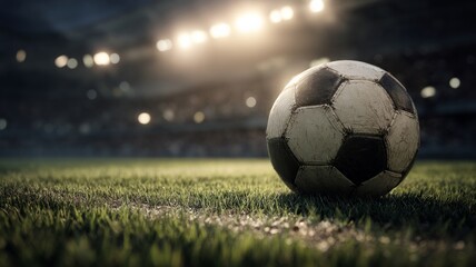 Fototapeta premium Soccer ball on green field under stadium lights. AI image
