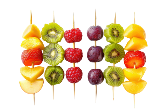 Vibrant fruit skewers featuring strawberries, kiwi, raspberries, and more, perfect for a summer gathering or healthy snack time isolated on transparent background