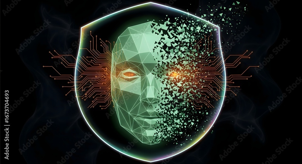 Poster abstract digital face inside a shield representing cybersecurity.