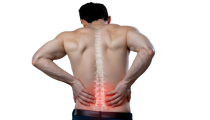 Man experiencing lower back pain with highlighted red area indicating discomfort isolated on white background