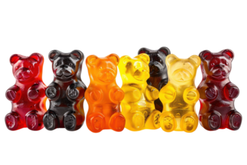 Colorful gummy bear candies lined up in a vibrant display inviting sweet indulgence and playful nostalgia isolated on transparent background