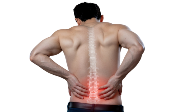 Man experiencing lower back pain with highlighted red area indicating discomfort isolated on white background