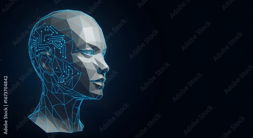 Poster abstract digital head with circuits conveys artificial intelligence.