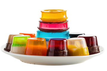 Colorful gelatin dessert tower on a white plate showcasing vibrant layers and delightful shapes during a festive gathering isolated on transparent background
